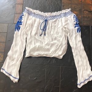 White off shoulder peasant blouse with embroidery